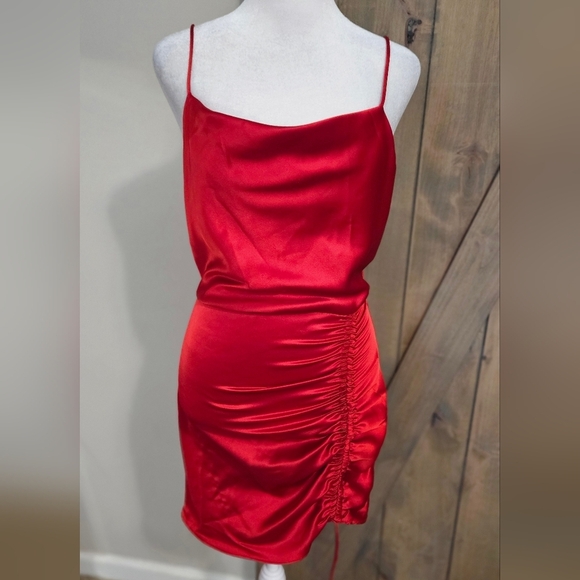 ZARA Ruched Tie Bodycon Satin Mini Dress In Red. Size XS - Picture 8 of 16